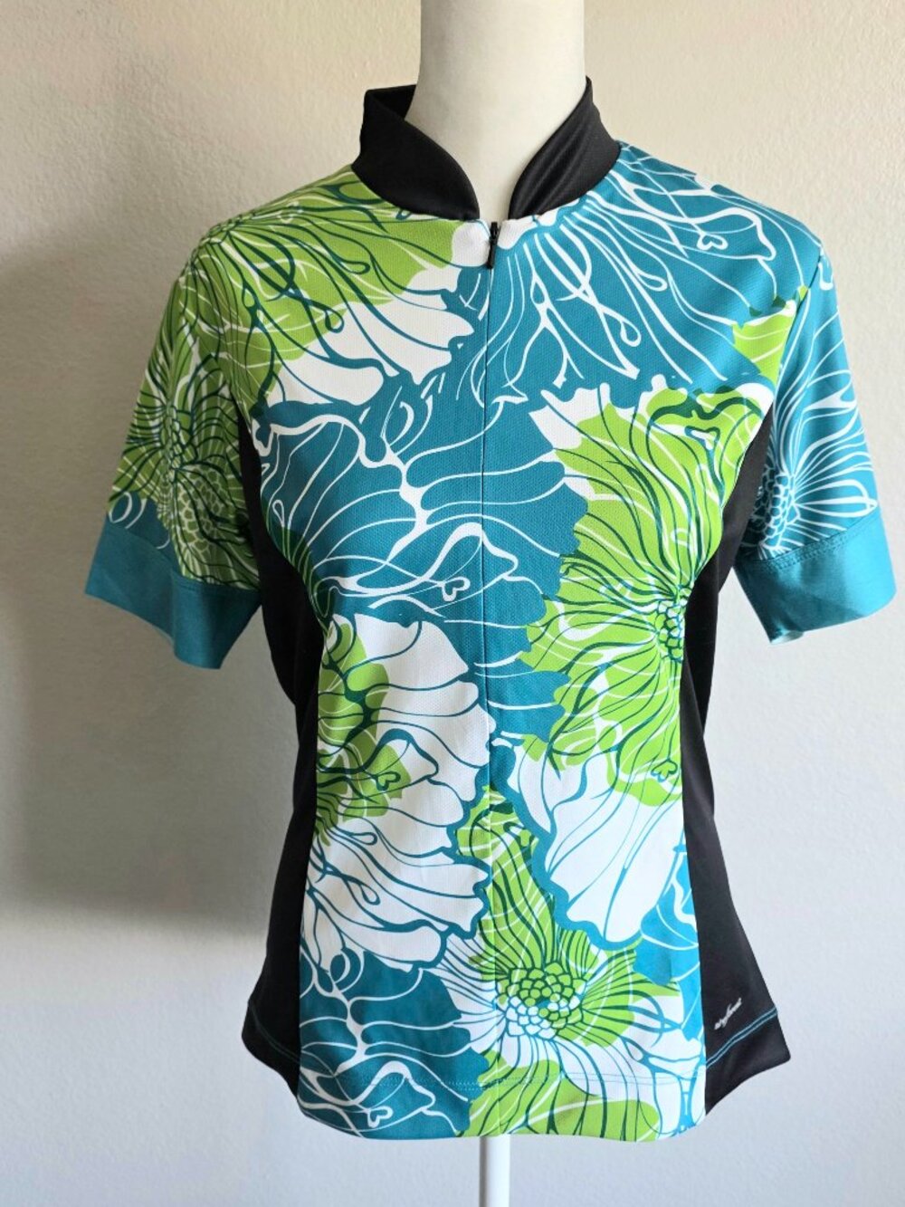 She Beest Cycling Jersey Artsy Floral Poppy Aqua Bike Top 1/2 Zip Women's Size M